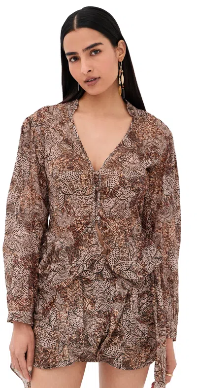 Isabel Marant Women's Celeny Printed Cotton Cinched Blouse In Brown