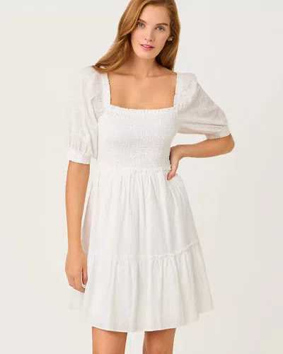 Lilly Pulitzer Hadly Short Sleeve Smocked Dress In Resort White Sunshowers Embroidery
