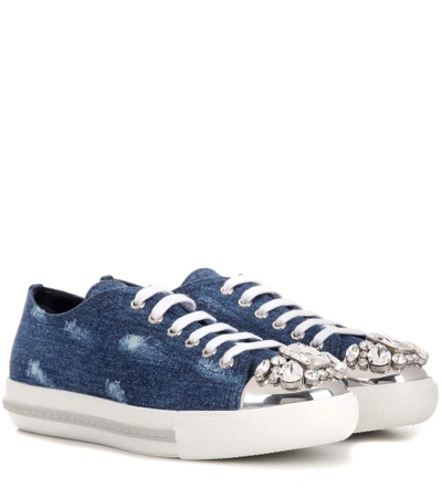 Miu Miu Jeweled Captoe Denim Platform Sneakers In Blu|blu