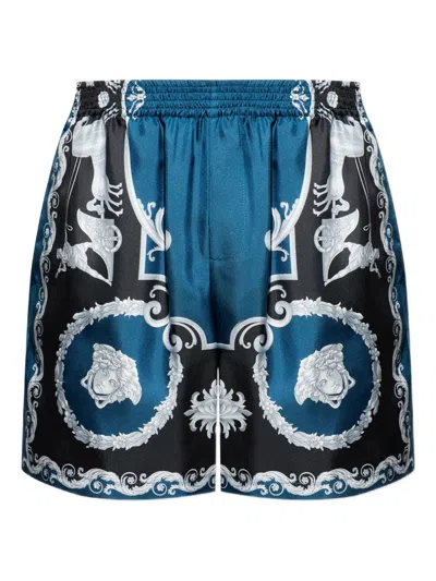 Versace Baroque-printed Silk-nylon Shorts With Elastic Waistband In Blue