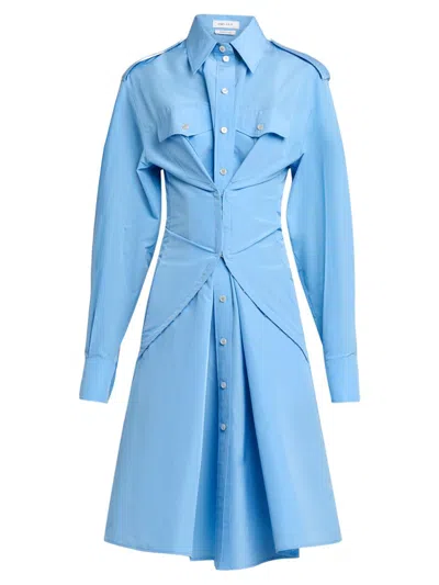 Alexander Mcqueen Mcqueen Long Sleeve Gathered Cotton Blend Shirtdress In Blue