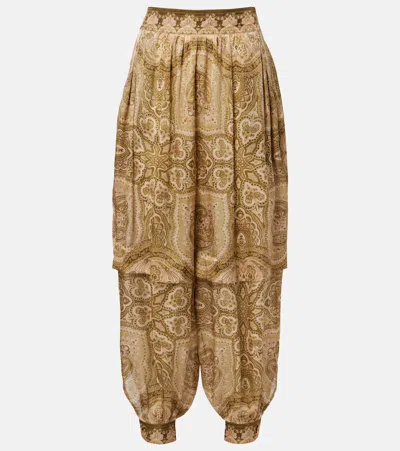 Zimmermann Womens Olive Perla Paisley Luna Harem Silk Trousers Xl In Brown
