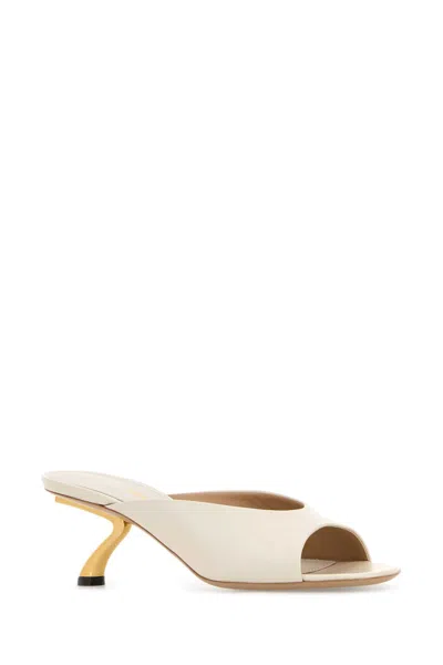 Ferragamo Ivory Leather Igea Mules In Metallic