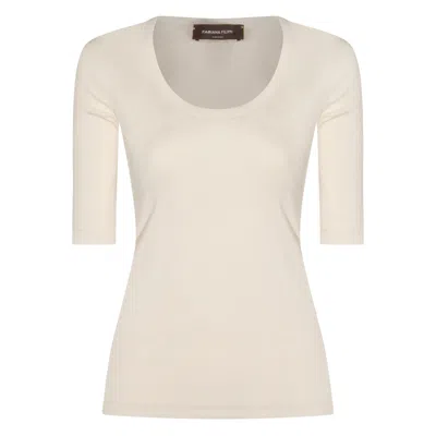 Fabiana Filippi Ribbed Cotton Jersey U Neck T-shirt Filo Diamante Detail In White