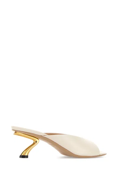 Ferragamo Ivory Leather Igea Mules In Metallic