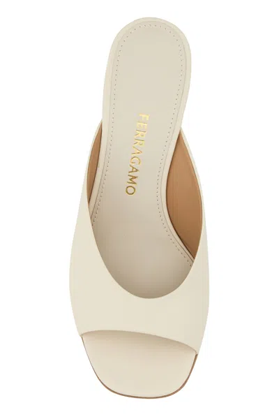 Ferragamo Ivory Leather Igea Mules In Metallic