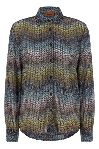 Missoni Sequin-embellished Zigzag Metallic-knit Shirt In Blue