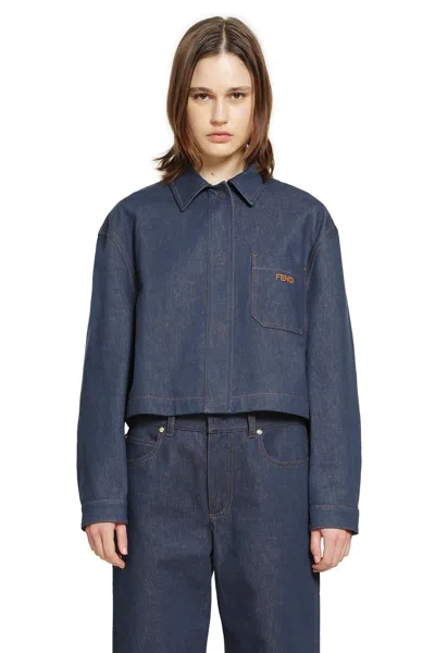 Fendi Denim Jacket With Front Embroidered Logo In Blue