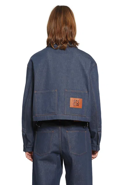 Fendi Denim Jacket With Front Embroidered Logo In Blue