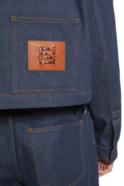 Fendi Denim Jacket With Front Embroidered Logo In Blue