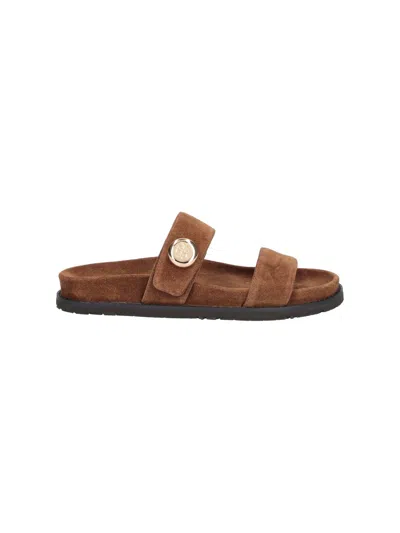 Tory Burch Romy Brown Sandals With Logo Plaque On The Front In Suede Woman In Brown