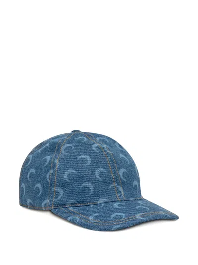 Marine Serre Denim Baseball Cap With Crescent Moon Pattern And Adjustable Strap In Blue