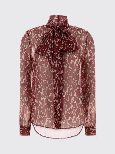 Saint Laurent Floral Silk Blouse With Scarf Collar And Concealed Button Closure In Red