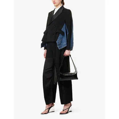 Sacai Womens Black Blue Tailored-contrast Wool And Denim Jacket In Black
