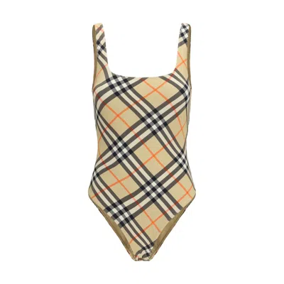 Burberry Scoop Neckline Sleeveless Checkered Beach Bodysuit In Brown