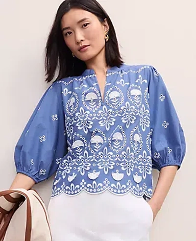 Ann Taylor Petite Embroidered Puff Sleeve Blouse In Blue
