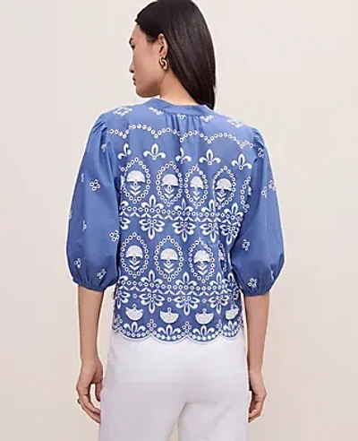 Ann Taylor Petite Embroidered Puff Sleeve Blouse In Blue