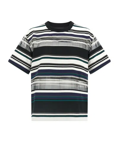 Sacai Striped Organza Insert Cotton T-shirt In Black