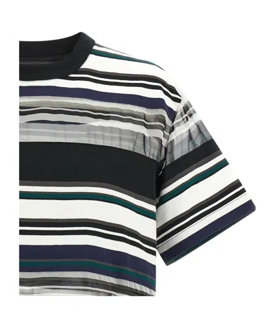 Sacai Striped Organza Insert Cotton T-shirt In Black