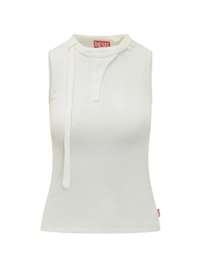 Diesel Sleeveless Ribbed Zip-front Top With Tie Strap In White