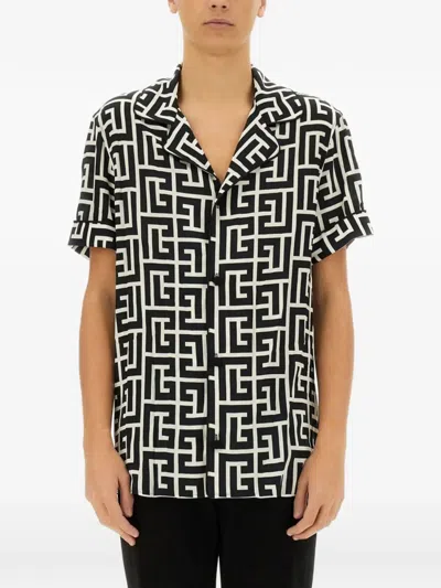 Balmain Monogram Printed Short-sleeved Shirt In Black