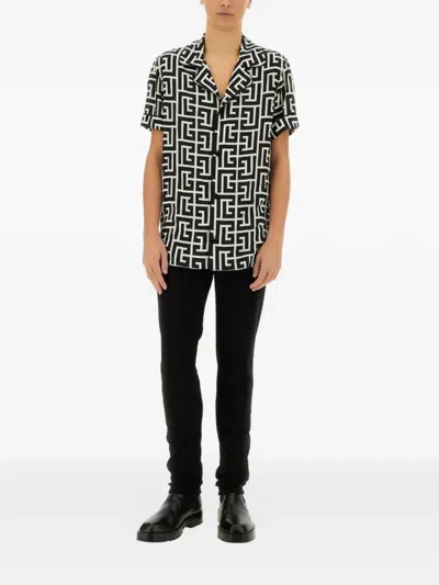 Balmain Monogram Printed Short-sleeved Shirt In Black