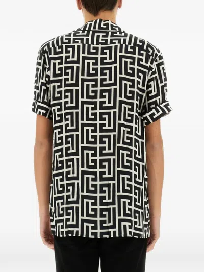 Balmain Monogram Printed Short-sleeved Shirt In Black