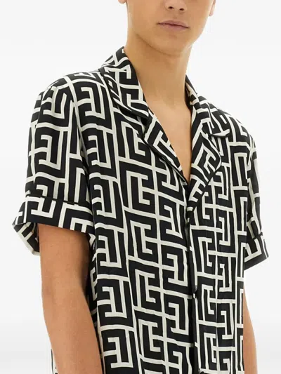 Balmain Monogram Printed Short-sleeved Shirt In Black