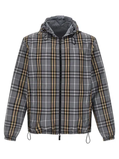 Burberry Mens Wave Blue Ip Check Reversible Check Hooded Anorak Jacket In Brown