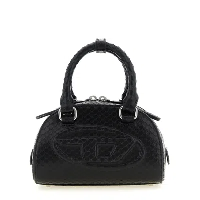 Diesel 1dr Dome-mini Bowling Bag In Snake-effect Leather In Black