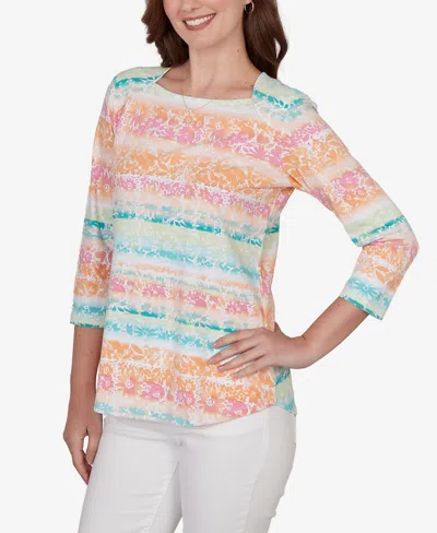 Ruby Rd. Petite Painted Floral Stripe Knit Top In Multi