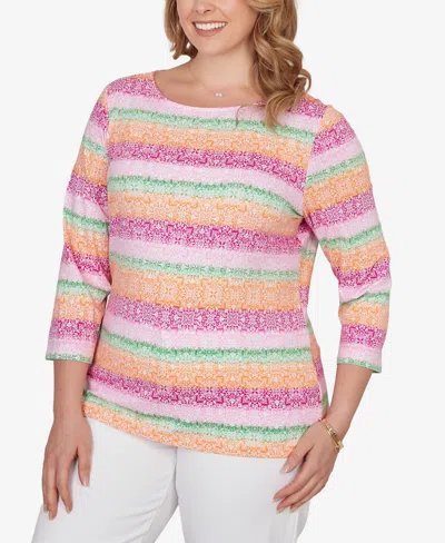 Ruby Rd. Plus Size Stripe Medallion Boat Neck Knit Top In Multi