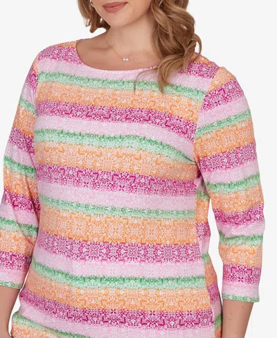 Ruby Rd. Plus Size Stripe Medallion Boat Neck Knit Top In Multi