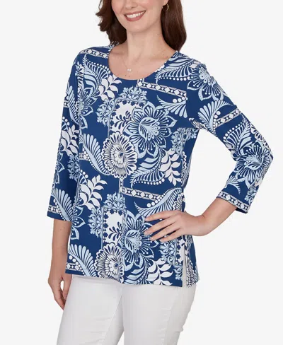 Ruby Rd. Petite Tropical Patchwork Scoop Neck Knit Top In Blue
