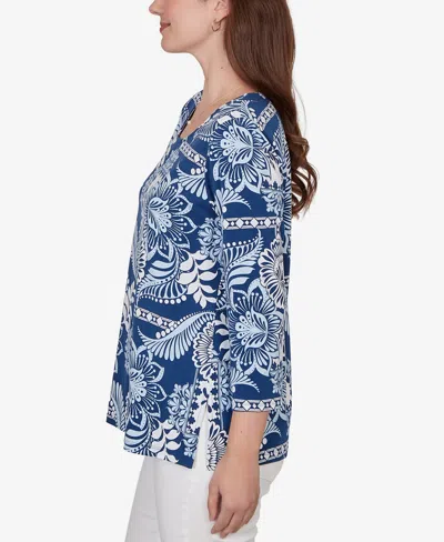 Ruby Rd. Petite Tropical Patchwork Scoop Neck Knit Top In Blue