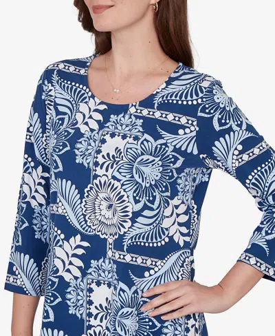 Ruby Rd. Petite Tropical Patchwork Scoop Neck Knit Top In Blue