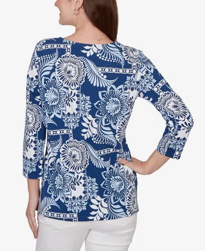 Ruby Rd. Petite Tropical Patchwork Scoop Neck Knit Top In Blue
