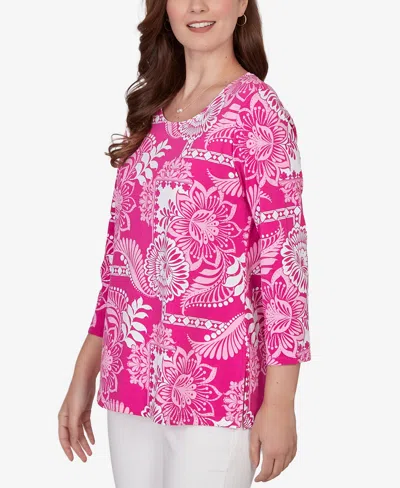 Ruby Rd. Petite Tropical Patchwork Scoop Neck Knit Top In Pink