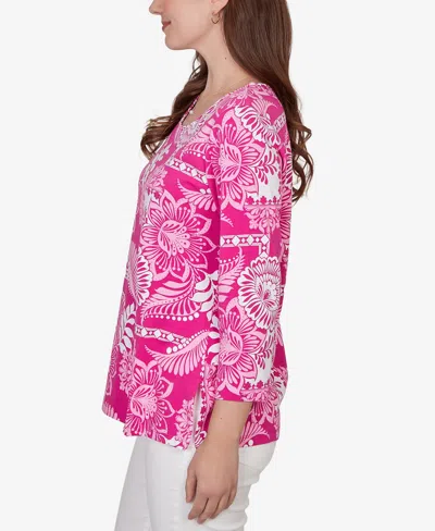 Ruby Rd. Petite Tropical Patchwork Scoop Neck Knit Top In Pink