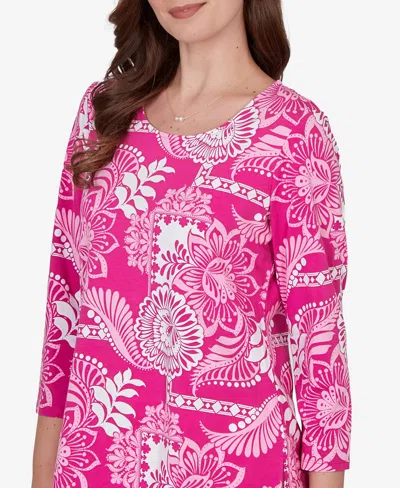 Ruby Rd. Petite Tropical Patchwork Scoop Neck Knit Top In Pink