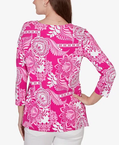 Ruby Rd. Petite Tropical Patchwork Scoop Neck Knit Top In Pink