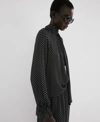 Mango Dot Tie Neck Top In Black