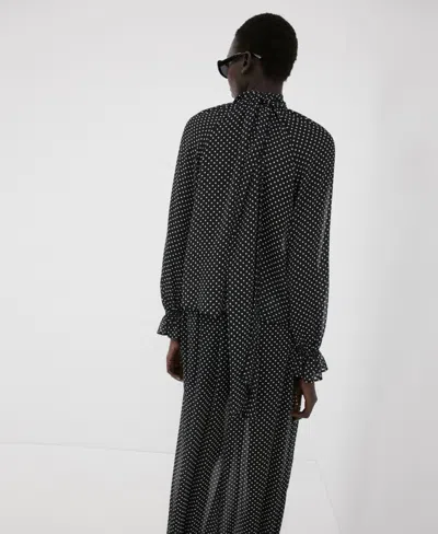 Mango Dot Tie Neck Top In Black