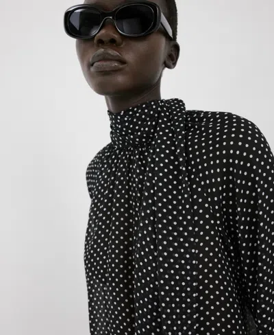 Mango Dot Tie Neck Top In Black