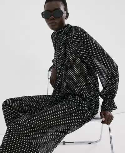 Mango Dot Tie Neck Top In Black