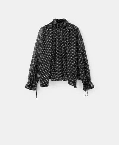 Mango Dot Tie Neck Top In Black