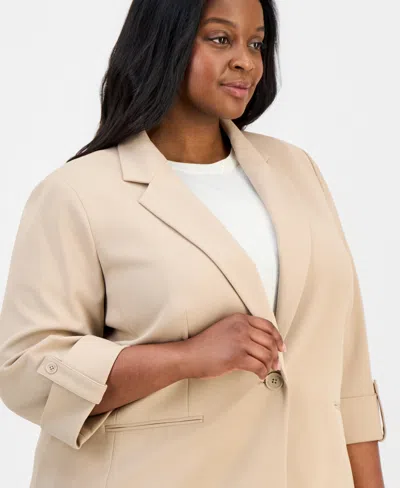 Anne Klein Essentials Plus Size 3/4-sleeve One-button Jacket In Brown