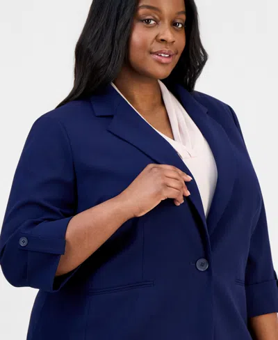 Anne Klein Essentials Plus Size 3/4-sleeve One-button Jacket In Gray