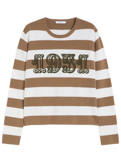 Max Mara Striped Wool Sweater With Embroidery In Brown