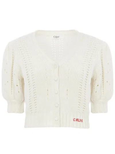 Chloé Cardigan Manches Bouffantes En Maille De Laine Et Cachemire In White